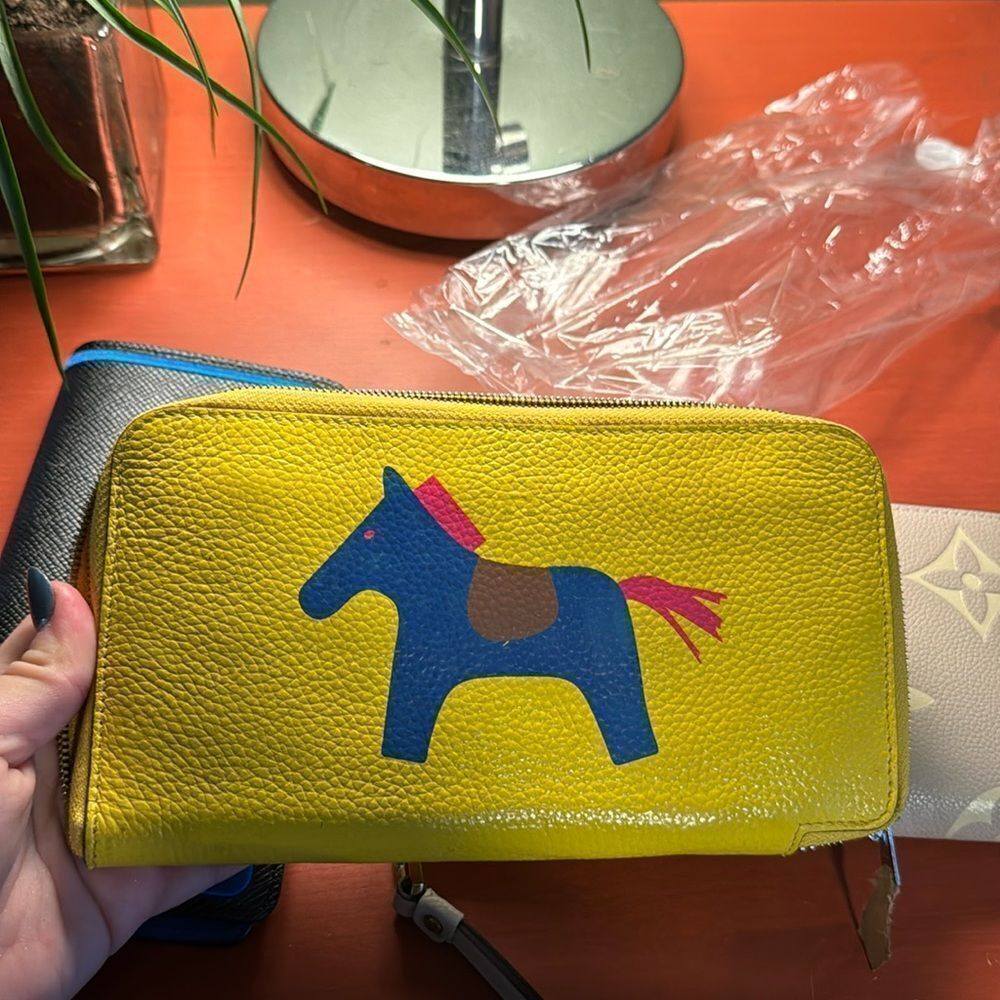 Yellow Leather Zip Wallet with Blue Horse Motif